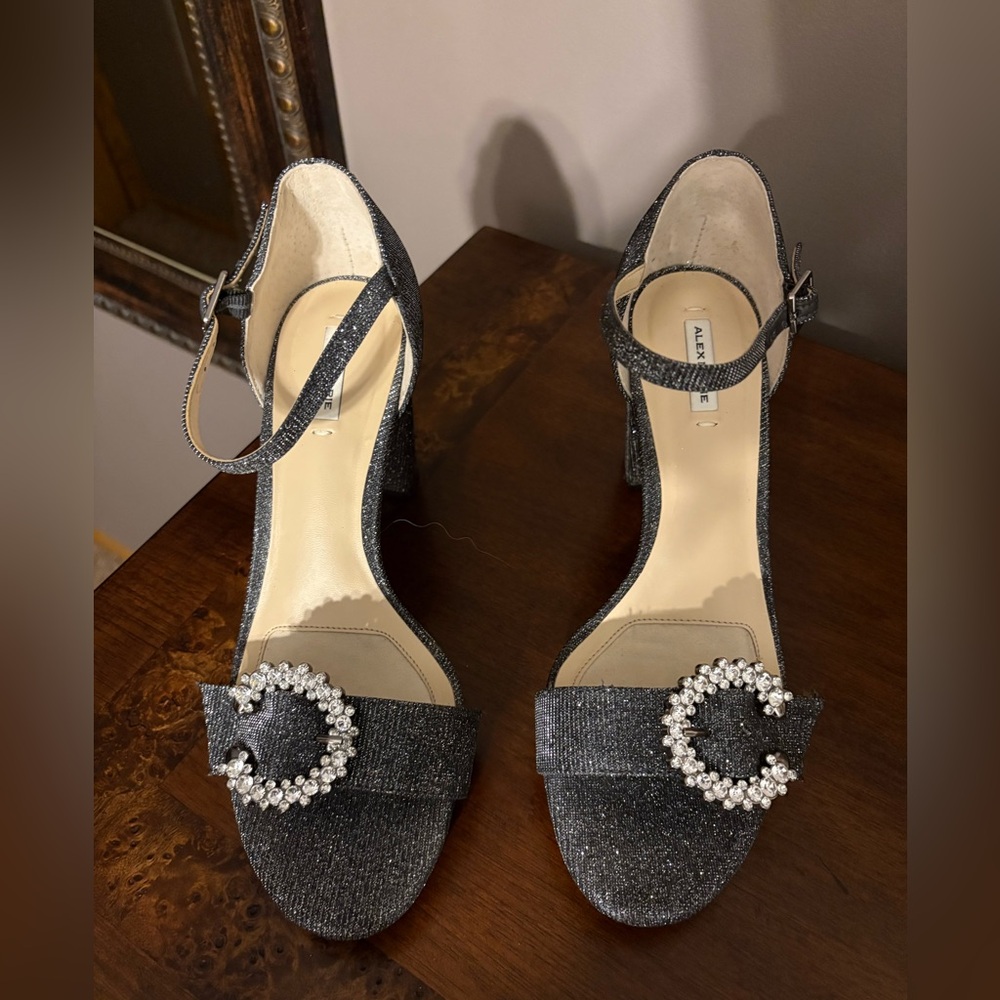Alex Marie Black Glitter Heels with Crystal Accent